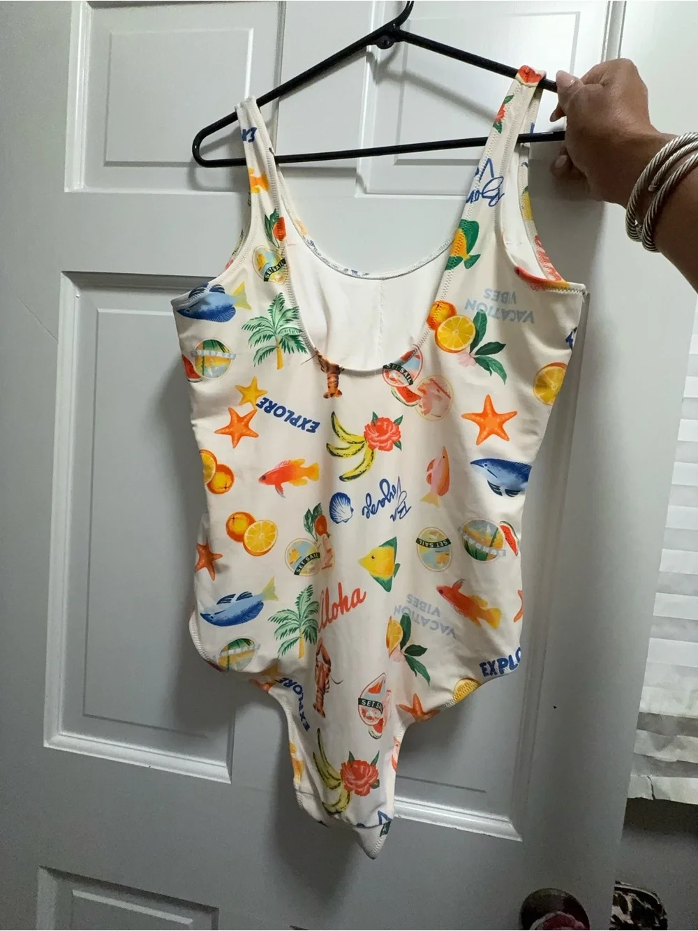 Old Navy Cream One-Piece Swimsuit with Tropical Fruit & Sea Motifs